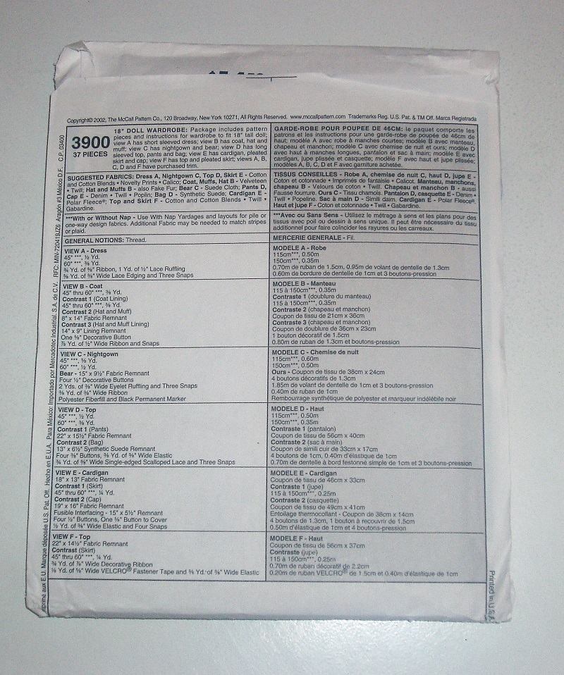 McCall’s 3900 Sewing Pattern 18” Doll Wardrobe American Girl Springfield 2002 FF
