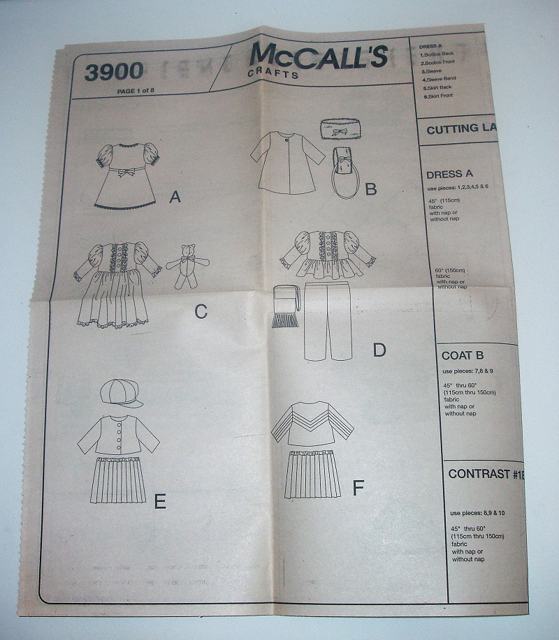 McCall’s 3900 Sewing Pattern 18” Doll Wardrobe American Girl Springfield 2002 FF