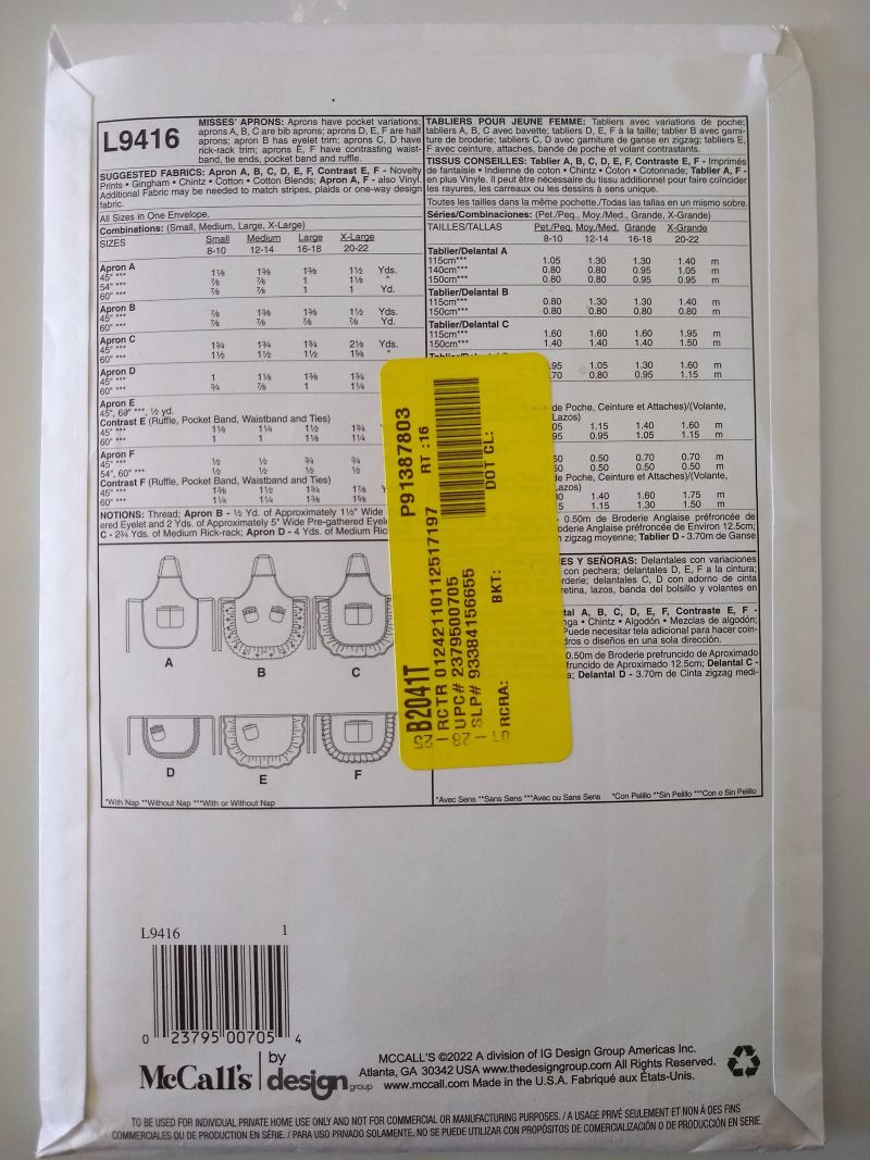 McCall’s L9416 Sewing Pattern Misses Full & Half Aprons S–XL Ruffle Hem FF UC