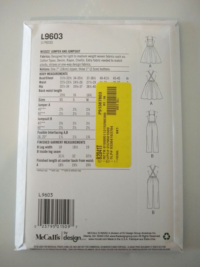 McCall’s L9603 Sewing Pattern Misses Jumper & Jumpsuit Sizes XS–XL 2022 FF