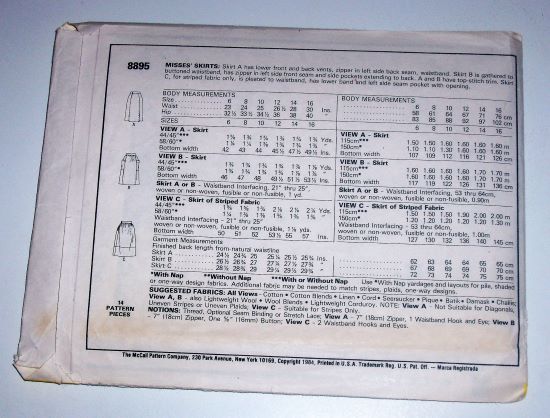 1984 McCall’s 8895 Misses A-Line Skirts Pattern Size 12 Waist 26.5"