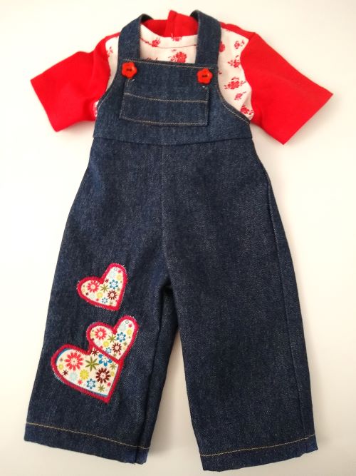 Handmade 18" Doll Overalls with Red Heart Appliqués & Scrappy T-Shirt