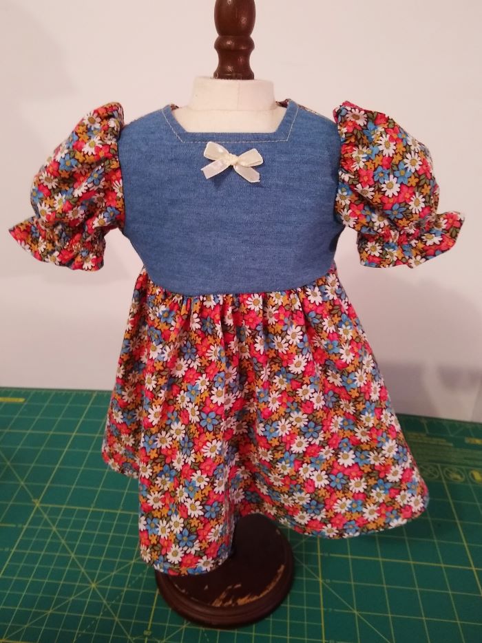 Handmade 18" Doll Dress – Denim Bodice & Floral Calico Skirt