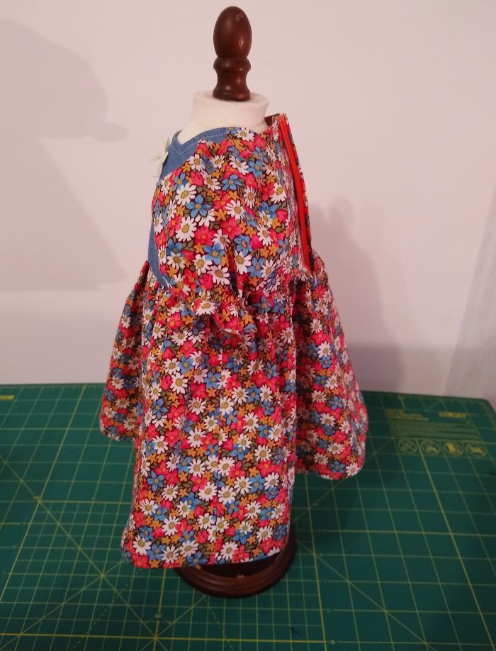 Handmade 18" Doll Dress – Denim Bodice & Floral Calico Skirt