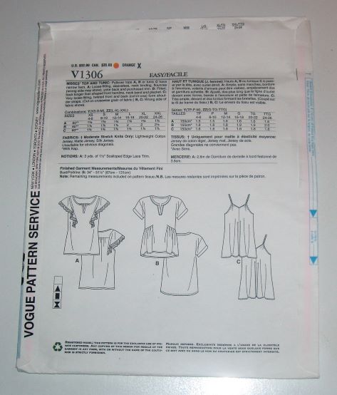 Vogue V1306 Sewing Pattern Misses Knit Top & Tunic XS–M by Rebecca Taylor (2012)