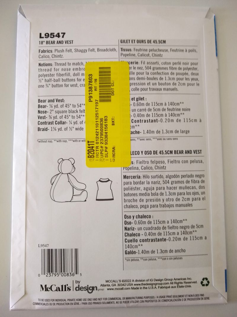 McCall’s L9547 Sewing Pattern Only Stuffed Memory Bear & Vest One Sz 2022