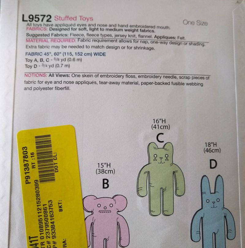 McCall’s L9572 Sewing Pattern Stuffed Mouse Cat Rabbit Plush Toys Uncut