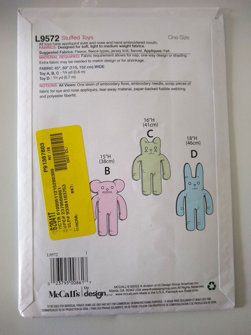 McCall’s L9572 Sewing Pattern Stuffed Mouse Cat Rabbit Plush Toys Uncut