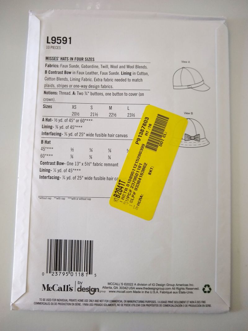 McCall’s L9591 Sewing Pattern Misses Hats Bucket & Derby XS–L (2022)