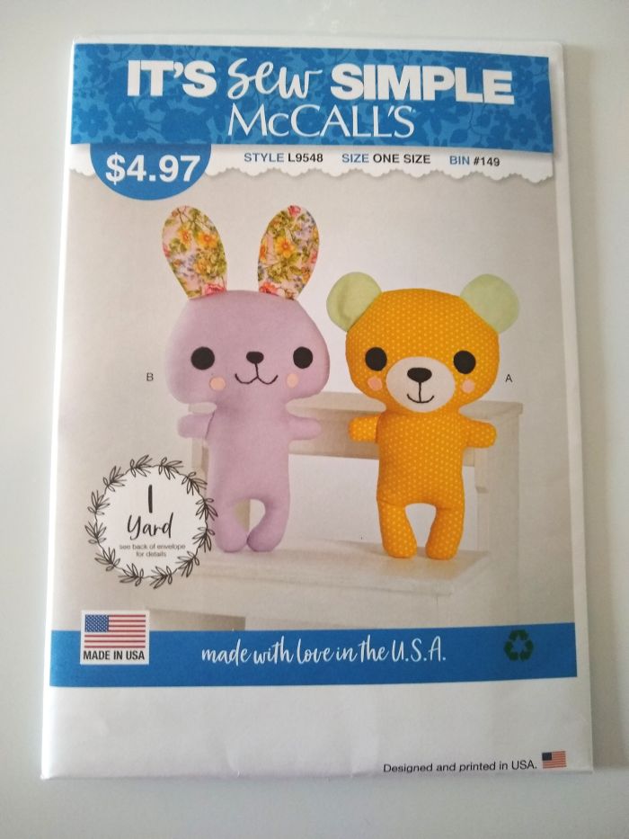 McCall’s L9548 Sewing Pattern 12.5” Stuffed Bear & Bunny Plush Toys 