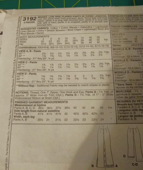  McCall’s 3192 Sewing Pattern Misses’ Low-Rise Flared Pants (2001)