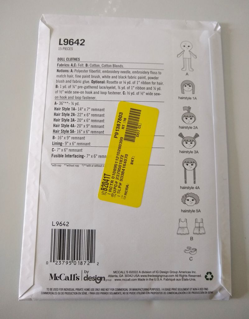 McCall’s L9642 Stuffed Doll Dress & Shoes Sewing Pattern One Yard Project