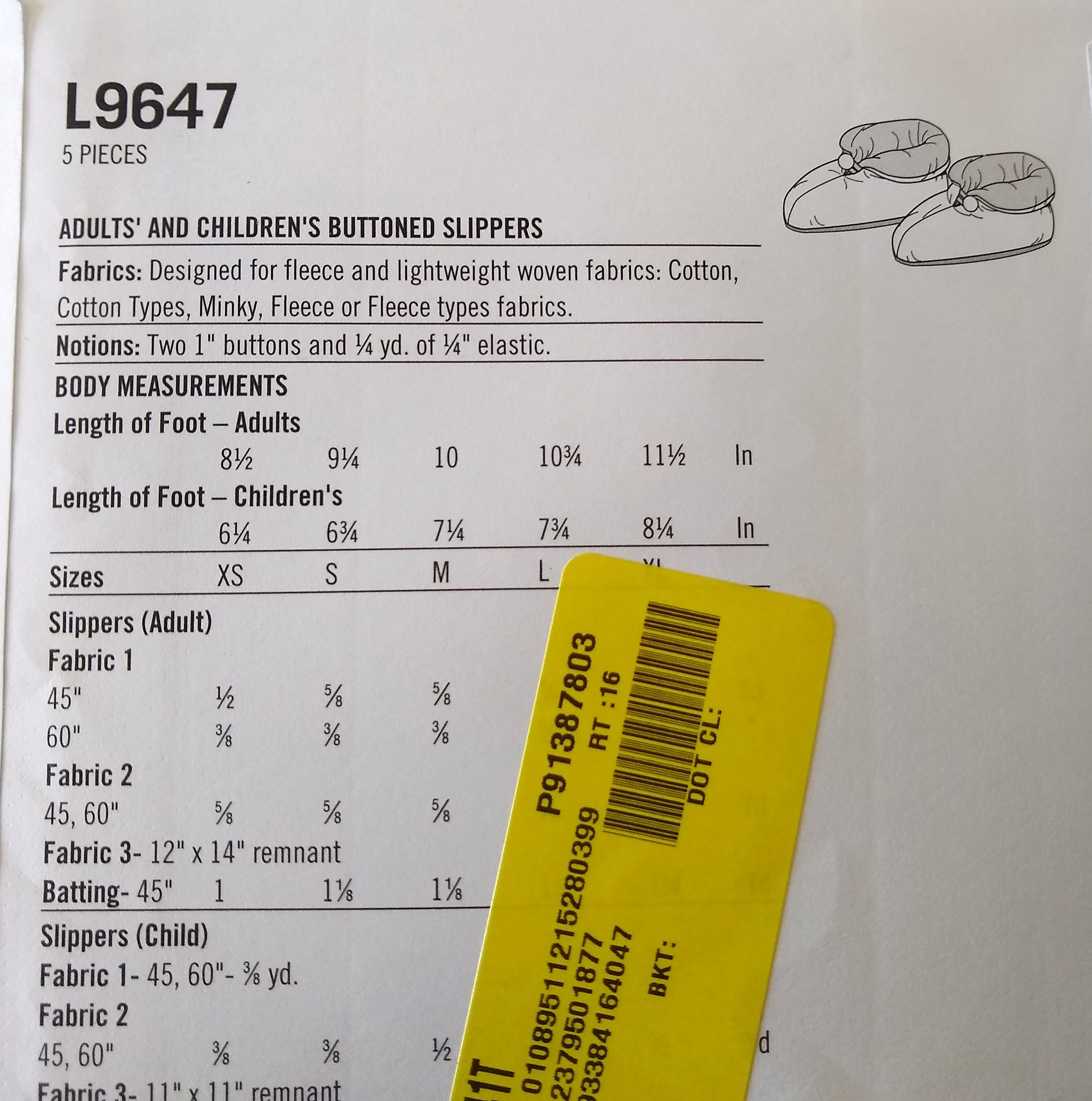 McCall’s L9647 Lined House Slippers Sewing Pattern  Unisex Adult & Child XS–XL