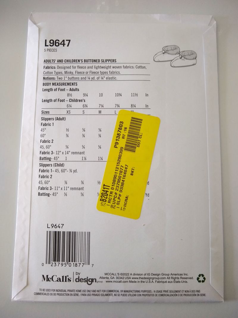McCall’s L9647 Lined House Slippers Sewing Pattern  Unisex Adult & Child XS–XL