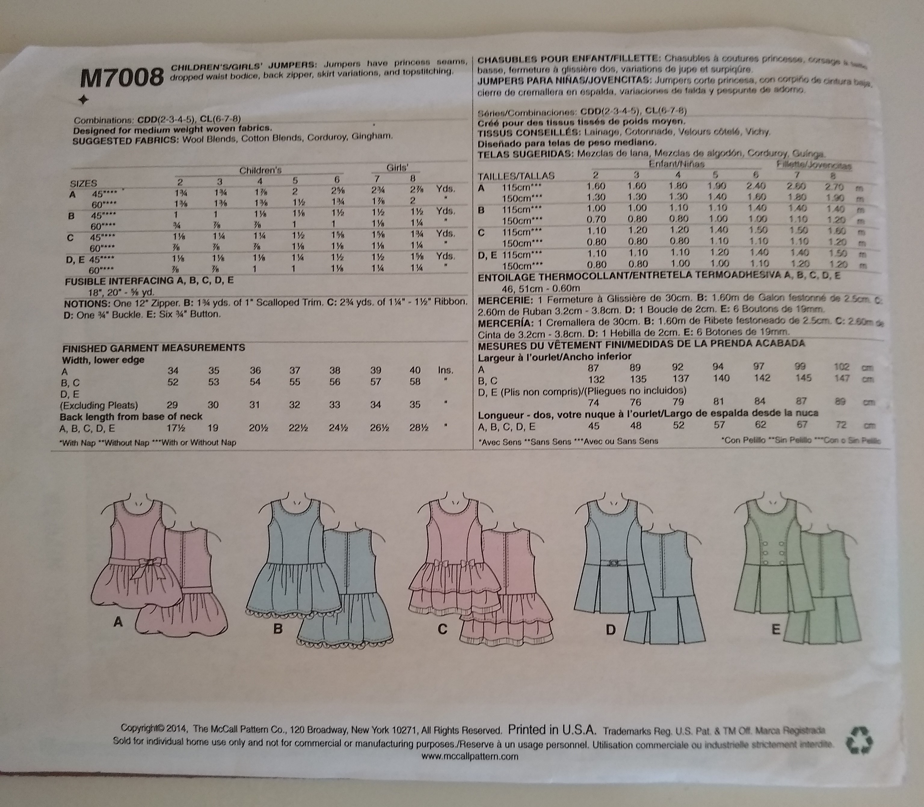 McCall’s M7008 Girl’s Jumper Sewing Pattern Sizes 2-5