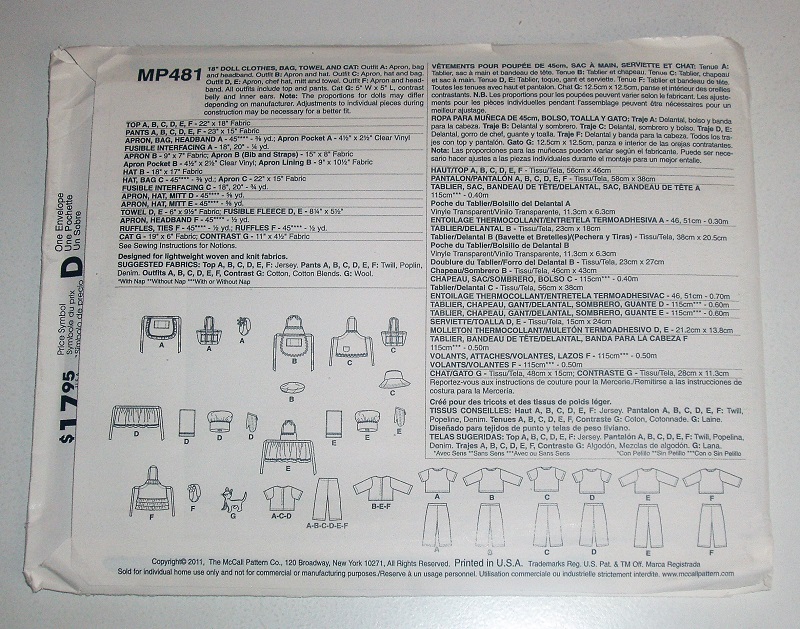 McCall’s MP481 18" Doll Clothes Aprons & Accessories Pattern