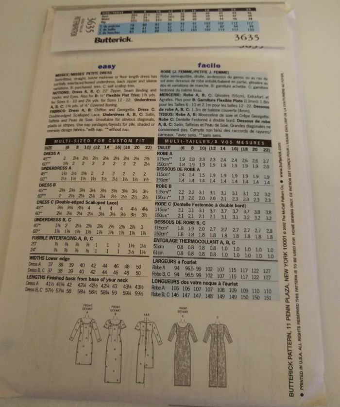 Butterick 3635 Misses’ Special Occasion Dress Pattern (Sz 12–16)