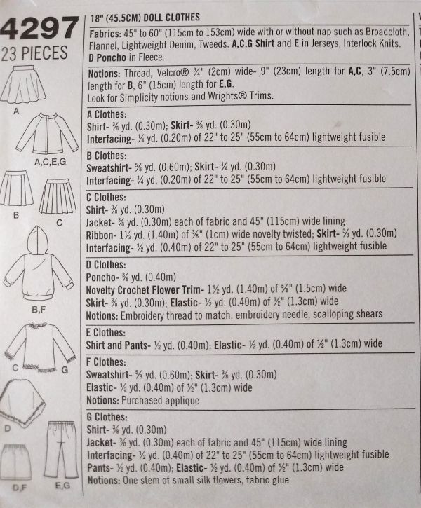 Simplicity 4297 18" Doll Clothes Pattern (Fall/Winter Wardrobe)
