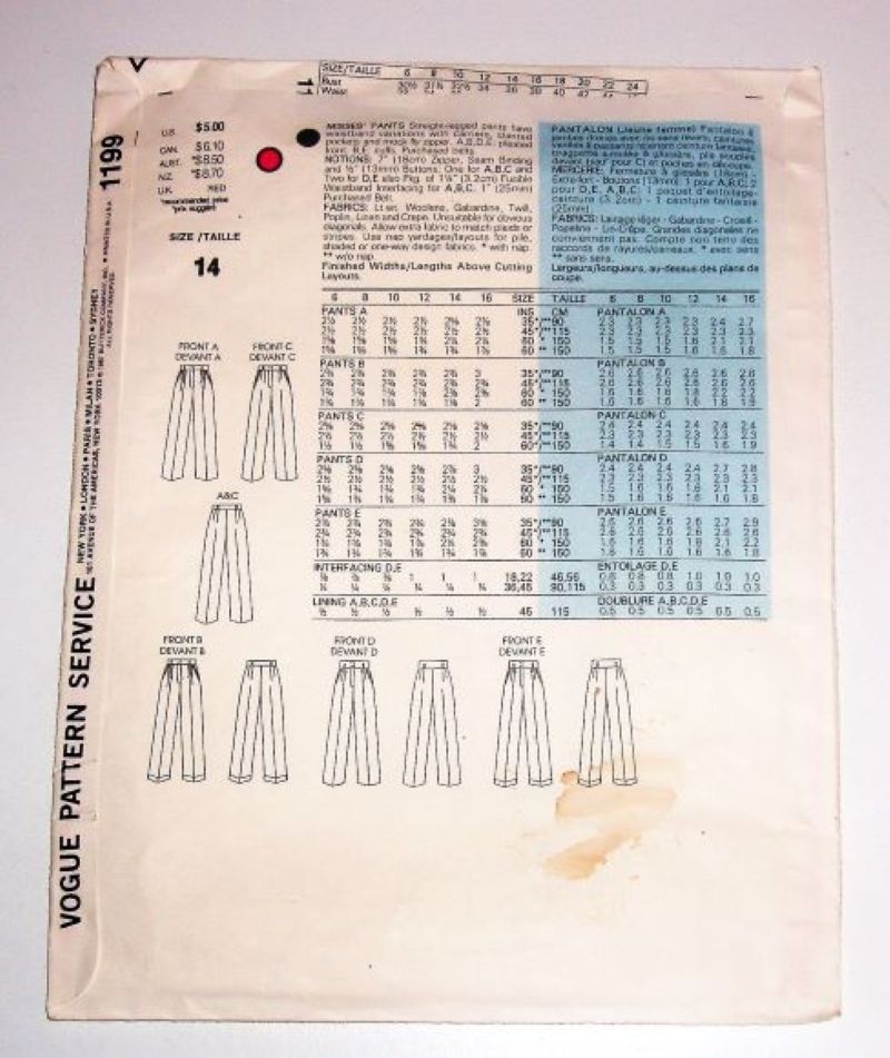 Classic Vogue 1199 Sewing Pattern Misses Pants Size 14