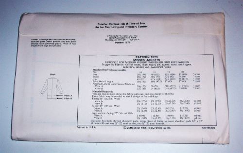Kwik Sew 1573 Misses Unlined Jacket Pattern (Sz 14–20)