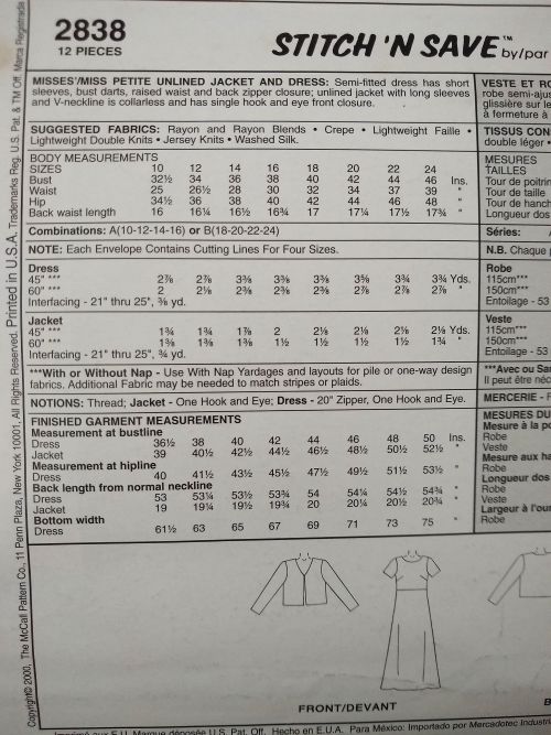 McCalls 2838 Sewing Pattern Misses/MP Unlined Jacket & Dress Sz 10-16