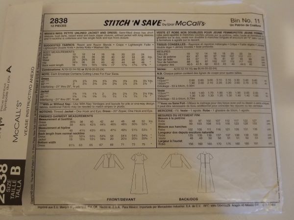McCalls 2838 Sewing Pattern Misses/MP Unlined Jacket & Dress Sz 10-16
