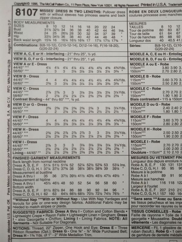 McCall's 8107 Misses' Dress Pattern (1996) Siz8-12 