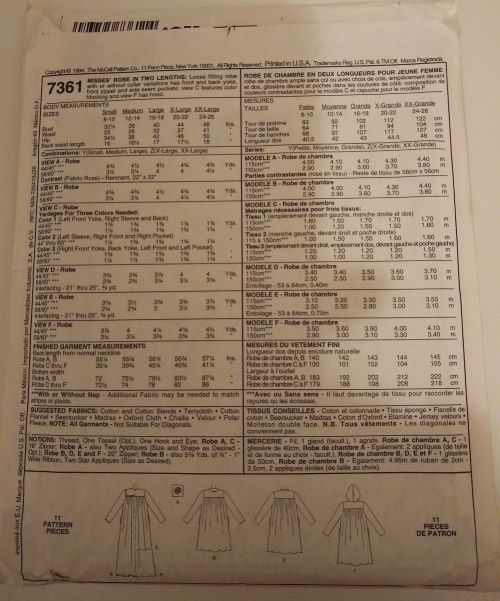 McCall’s 7361 Misses’ Robe / Caftan Sewing Pattern (1994) Sz S–M–L