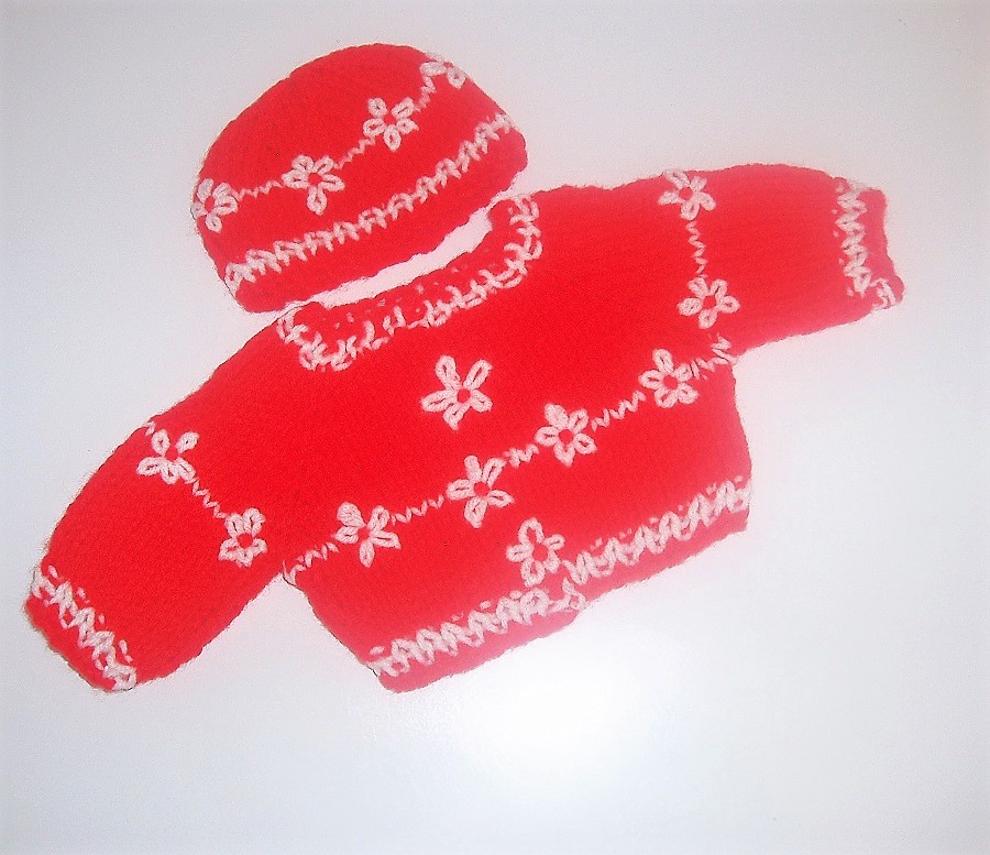 Handmade Red & White Sweater & Cap Set Fits 18” Dolls Like American Girl