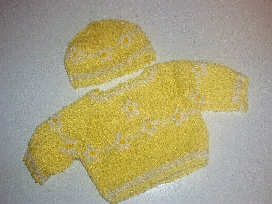 Handmade Yellow & White Sweater & Cap Set Fits 18” Dolls Like American Girl