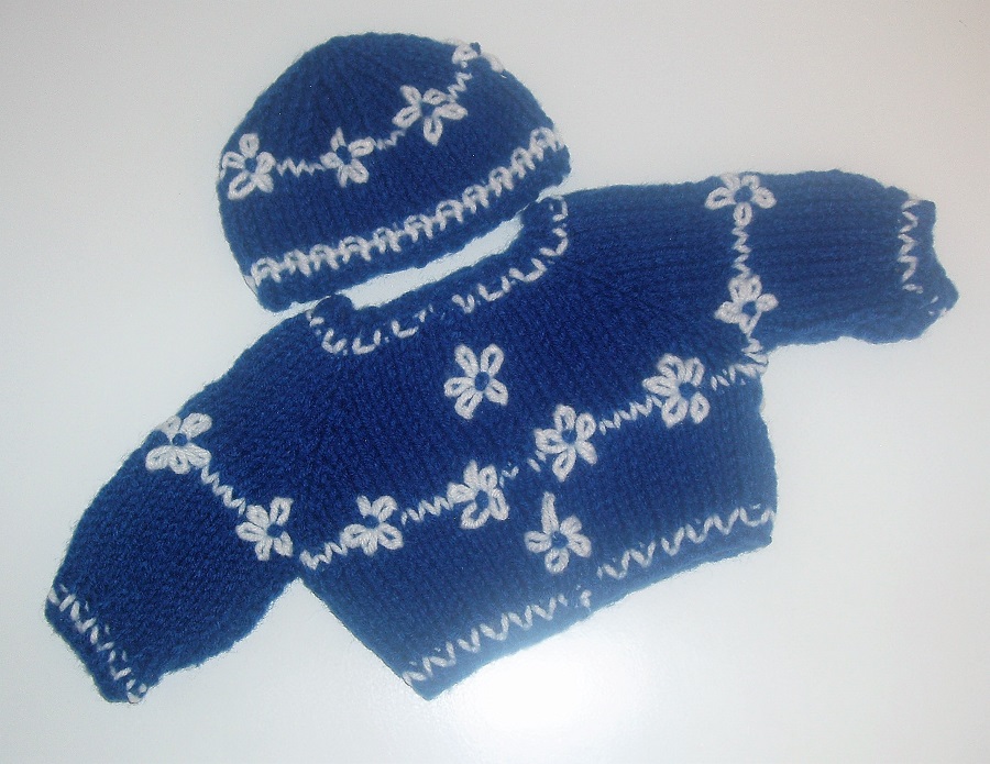 Handmade Blue & White Sweater & Cap Set – Fits 18” Dolls Like American Girl