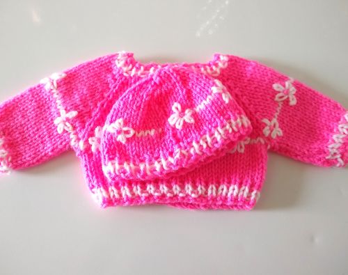 Handmade Pink & White Sweater & Cap Set Fits 18” Dolls Like American Girl