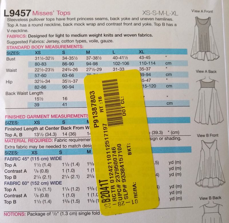 McCall’s L9457 Misses Sleeveless Pullover Tops Pattern XS–XL