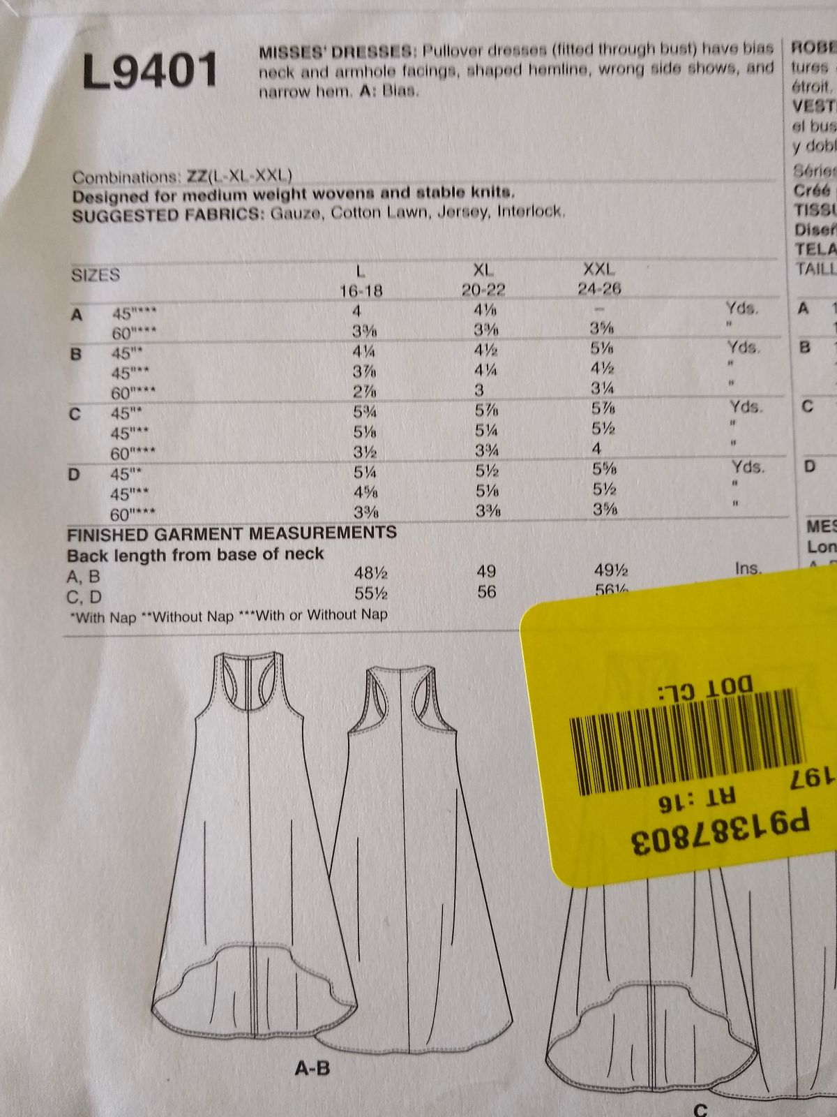 McCall’s L9401 Misses Pullover Dress Pattern Sz L–XXL