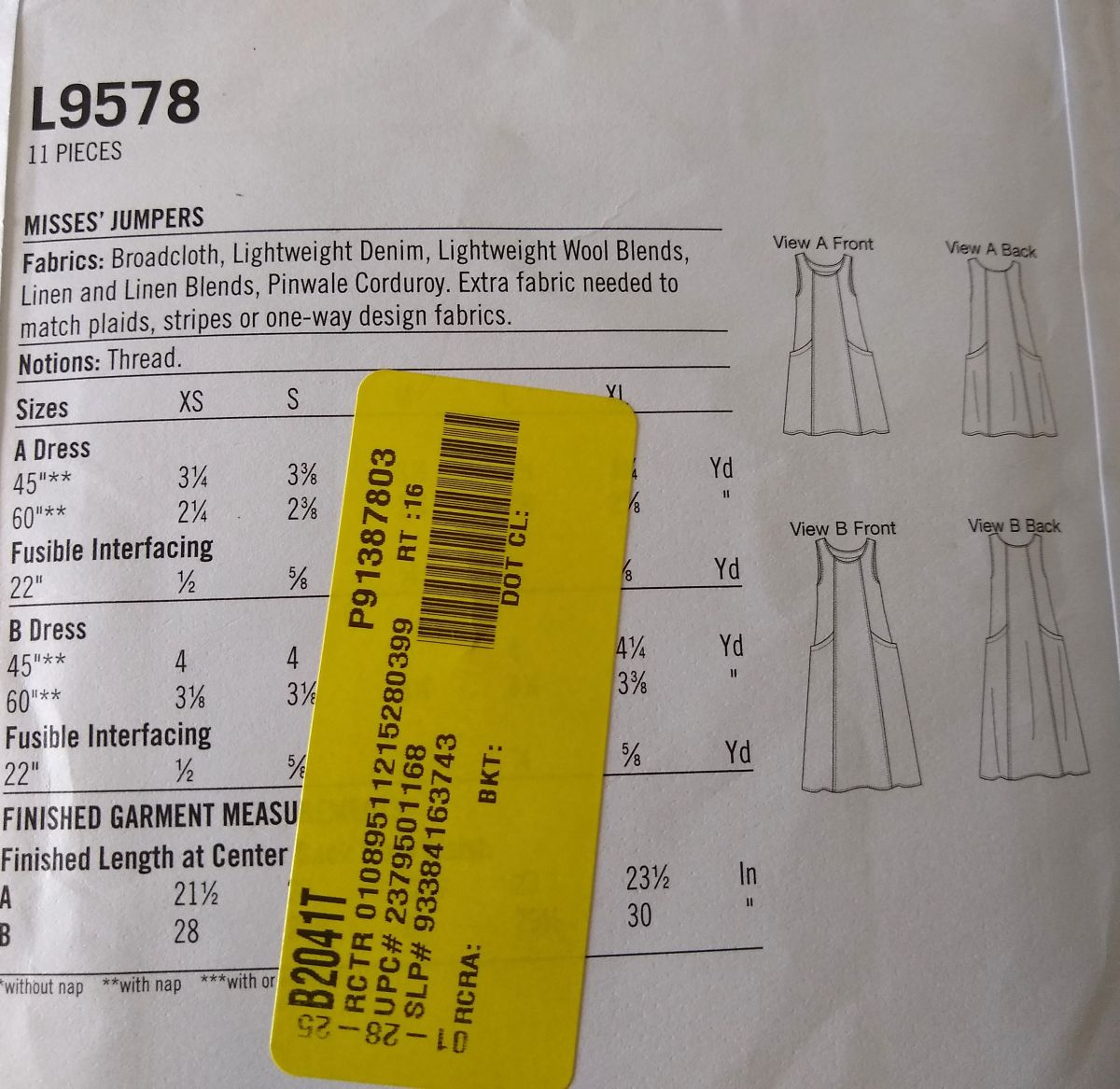 McCall’s L9578 Misses Jumper Sewing Pattern XS–XL