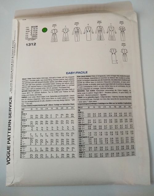 Vogue 1312 Sewing Pattern Misses Shirt Dress Sizes 8–12 