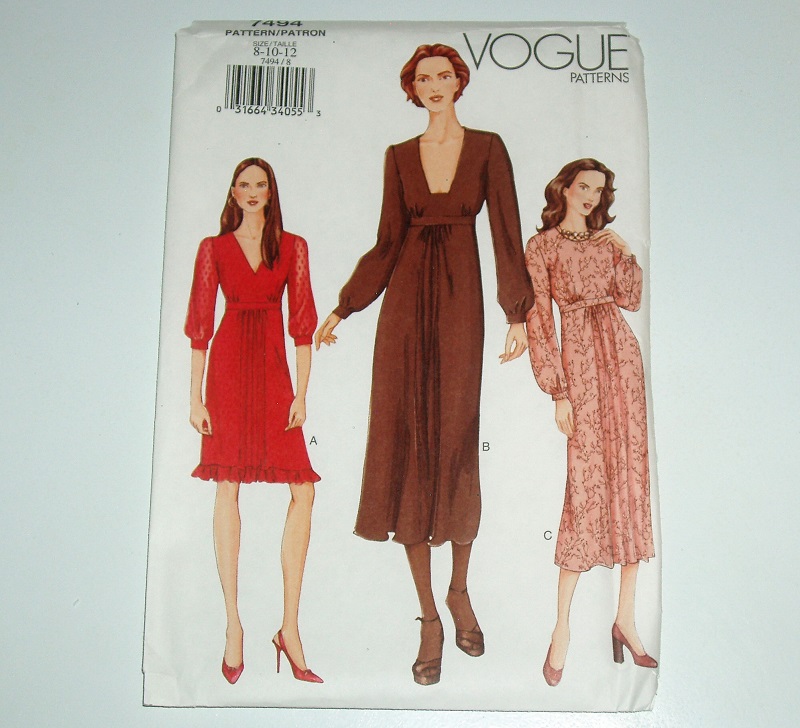 Vogue 7494 Sewing Pattern Misses Lined Dress W/Neckline Variations Sz 8-12 