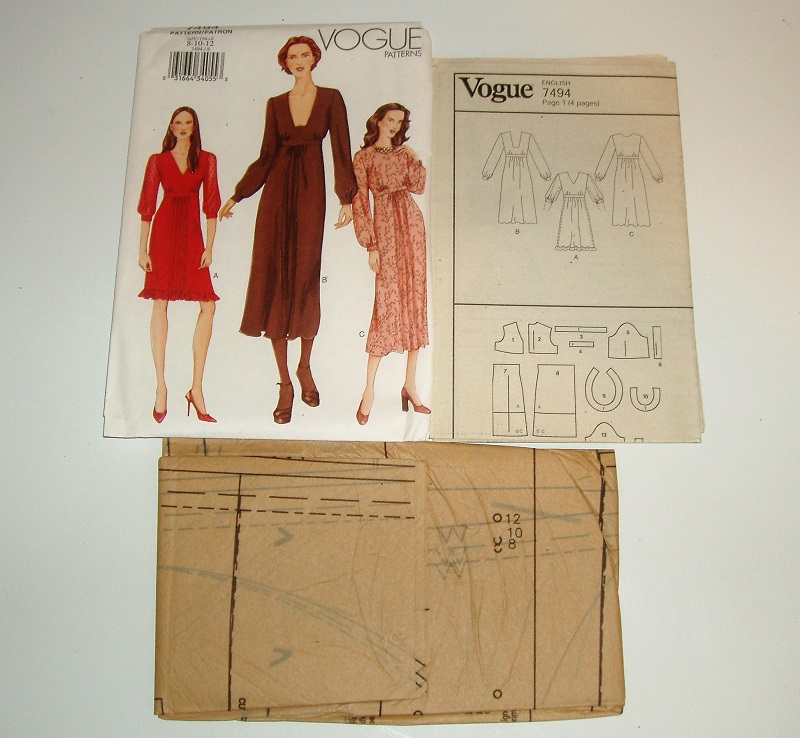 Vogue 7494 Sewing Pattern Misses Lined Dress W/Neckline Variations Sz 8-12 