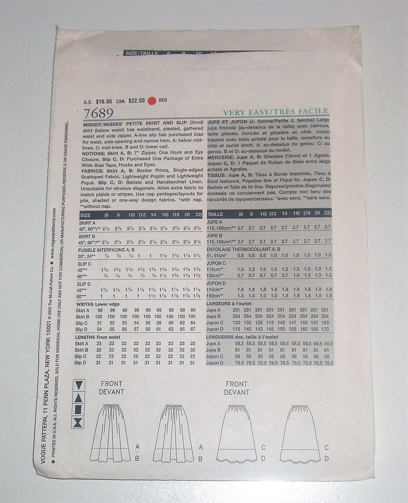 Vogue 7689 Misses’/MP Skirt & Slip Sewing Pattern (2003) Sz 6-10 Cut To Sz 6