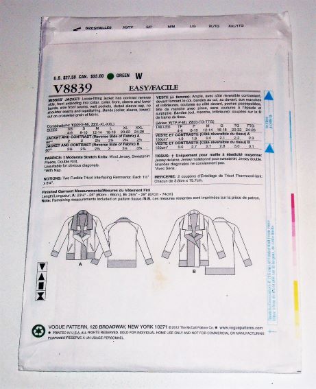 Vogue V8839 (2012)– Misses Jacket Pattern Sz XS-M Loose-Fitting Knit Jacket