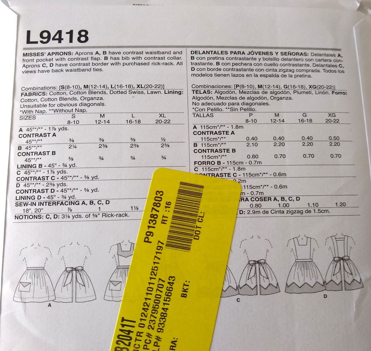 McCall’s L9418 Misses Apron Sewing Pattern S–XL