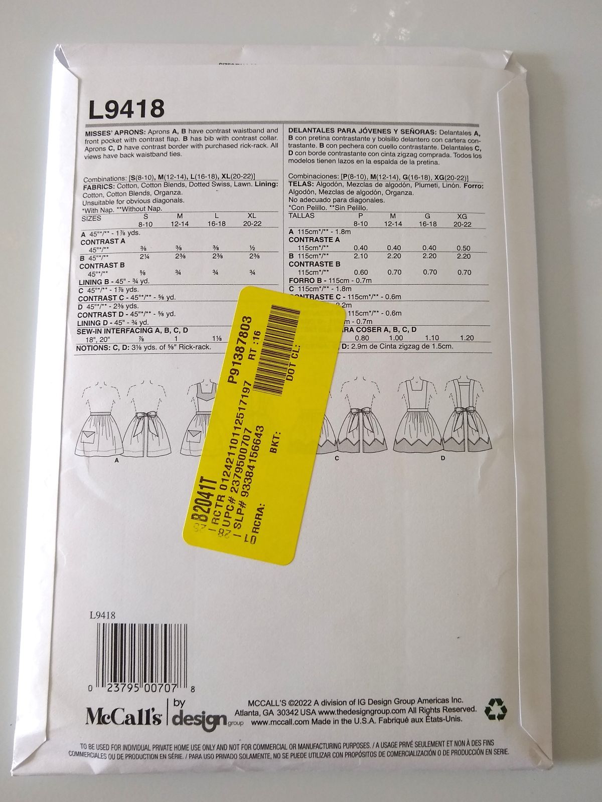 McCall’s L9418 Misses Apron Sewing Pattern S–XL