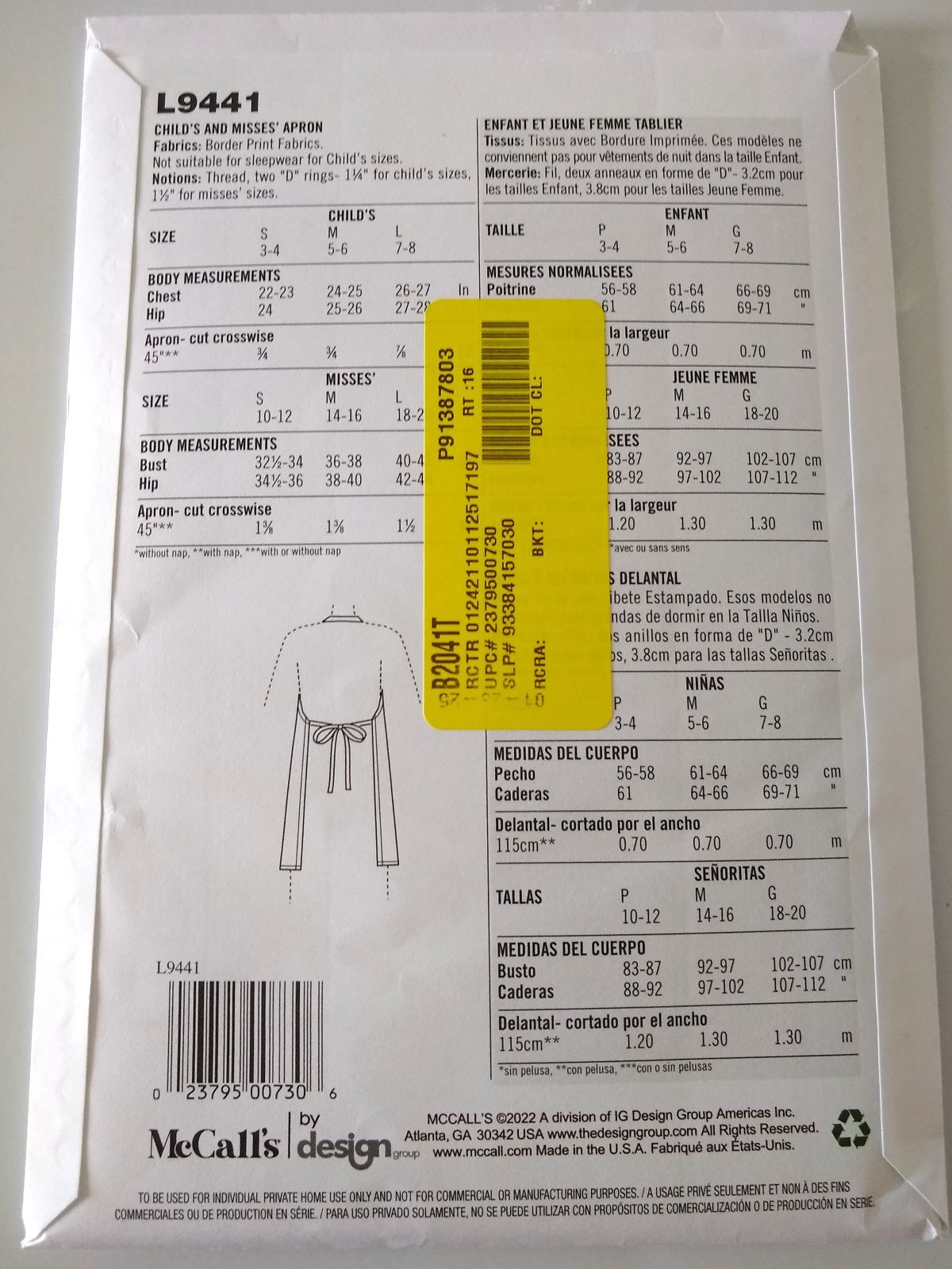 McCall’s L9441 Mom & Daughter Apron Sewing Pattern S–L