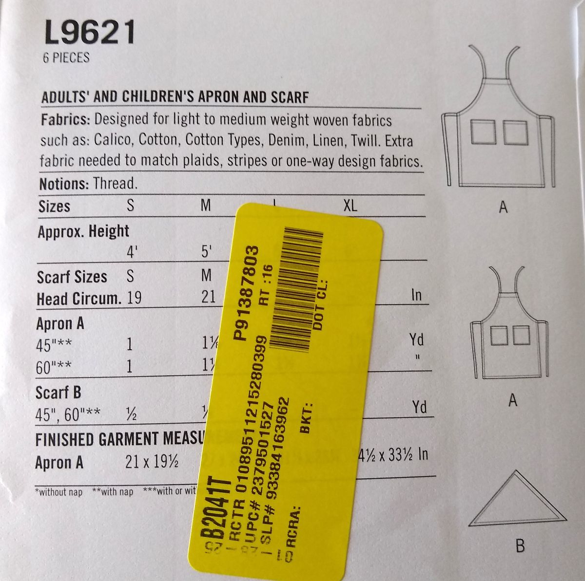 McCall’s L9621 Mother & Daughter Full Apron Sewing Pattern S–XL