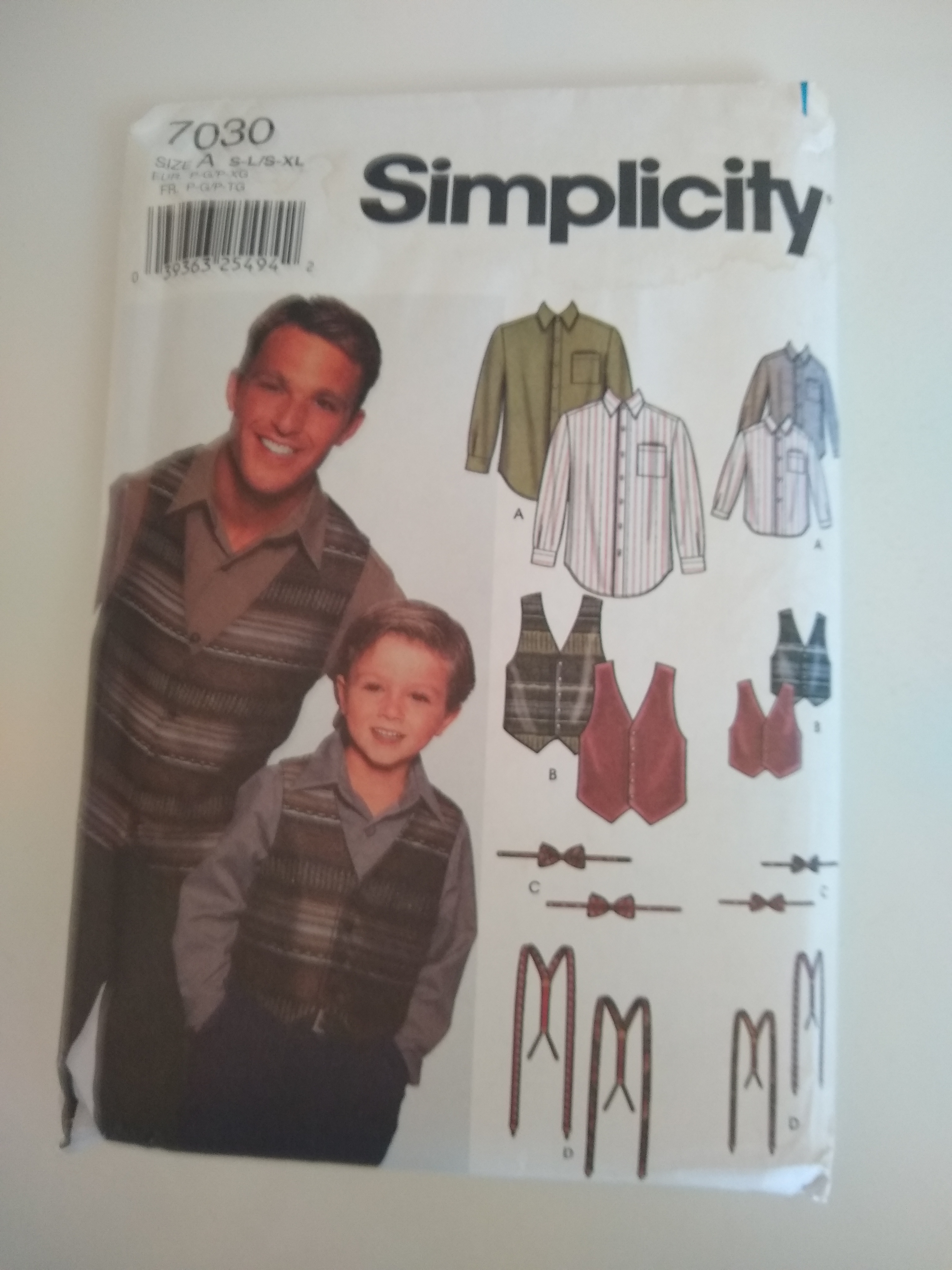 Simplicity 7030 Men’s & Boys’ Shirt Vest Bow Tie & Suspenders Pattern