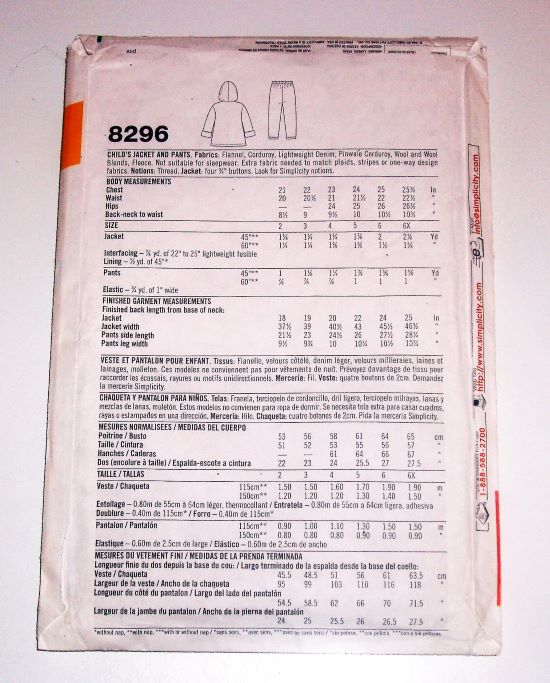 Simplicity 8296 Girls’ Hooded Jacket & Pants Sewing Pattern (Sz 2–6X)