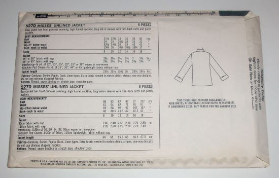 Simplicity 5270 ESP 1981 Misses’ Unlined Jacket Sewing Pattern (Sz 12–16)
