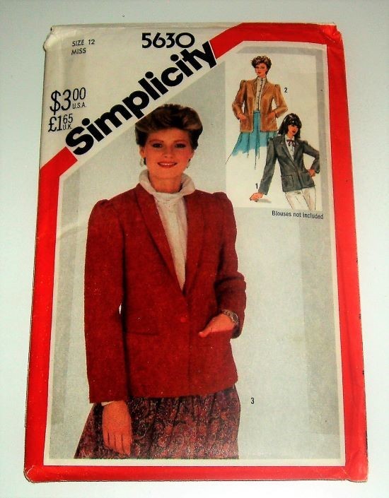 Simplicity 5630 1982 Misses’ Lined Semi-Fitted Jacket Pattern (Sz 12) 