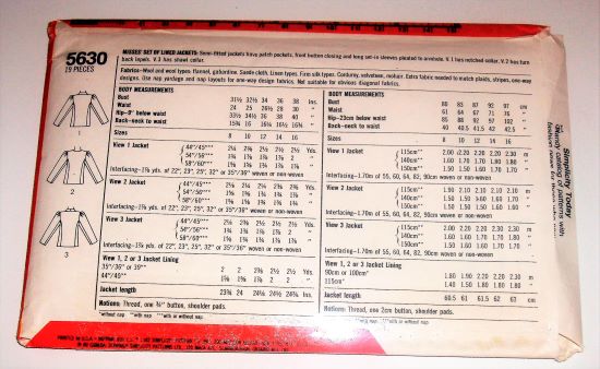 Simplicity 5630 1982 Misses’ Lined Semi-Fitted Jacket Pattern (Sz 12) 