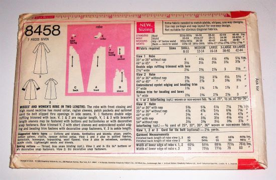 Vtg 1969 Simplicity 8458 Misses Button-Front Robe Pattern Sz 12–14 (Bust 34–36)